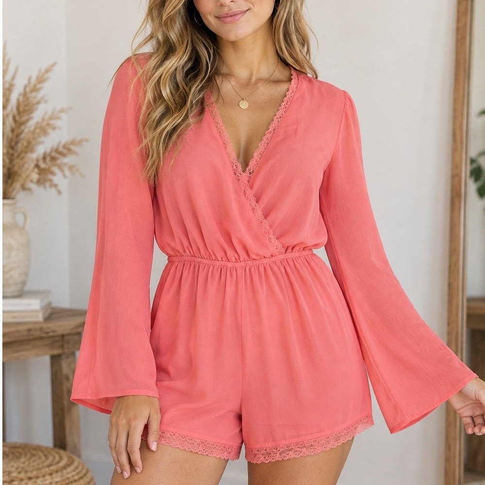 Charlotte Russe Y2K Coral Pink Lace Trim Chiffon Bell Flare Sleeve Romper Large